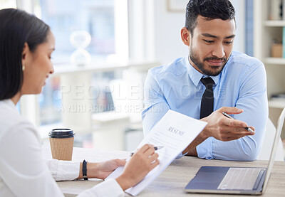 Buy stock photo Hiring, CV and business people in meeting for interview, job vacancy and opportunity in office. Corporate, recruitment and man and woman talking with resume, laptop and documents for application