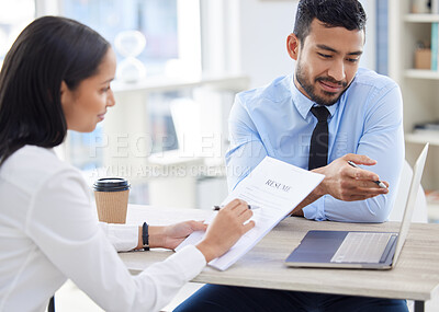 Buy stock photo Meeting, CV and business people with laptop for interview, job vacancy or opportunity in office. Corporate, recruitment and man and woman in conversation for hiring with document, resume and computer