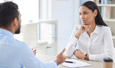 Buy stock photo Meeting, hiring and business people in discussion for interview, job vacancy or opportunity in office. Corporate, recruitment and man and woman in conversation for hiring with CV or resume documents