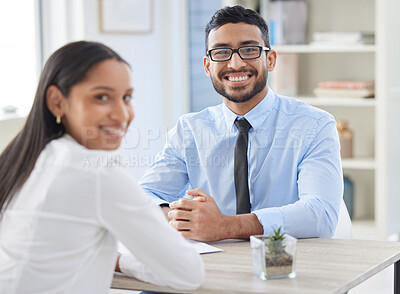 Buy stock photo Meeting, CV and portrait of business people for interview, job vacancy and career opportunity in office. Corporate manager, recruitment and happy man and woman for hiring with resume or CV documents