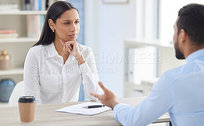 Buy stock photo Meeting, job interview and business people in discussion for hiring, vacancy or career opportunity in office. Corporate, recruitment and man and woman boss in conversation with CV or resume documents