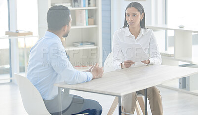 Buy stock photo Recruitment, CV and business people in discussion for job interview, vacancy and opportunity in office. Corporate, hiring and man and woman talking, speak and in conversation with resume documents