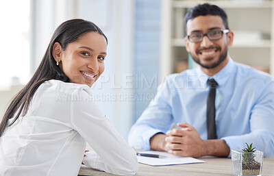 Buy stock photo Meeting, office and portrait of business people for interview, job vacancy and career opportunity. Corporate boss, recruitment and happy man and woman for hiring with resume, contract or CV documents