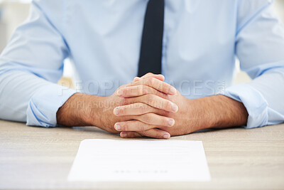 Buy stock photo Unknown mixed race hiring manger waiting for interview. CEO with hands clasped listening and reading resume of candidate for job opening, vacancy, office opportunity. Hr boss cv ready for applicant