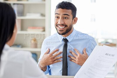Buy stock photo Asian businessman in interview with hiring manager. CEO reading resume and cv of candidate looking for job opening, vacancy, office opportunity. Applicant sitting and explaining experience to hr boss