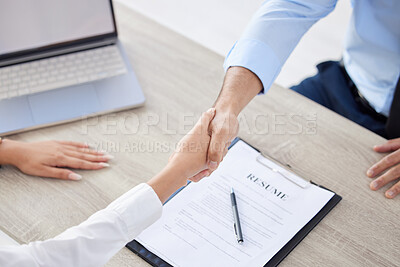 Above unknown mixed race businesspeople in handshake after signed contract in interview. Applicant meeting CEO, hiring manger. Candidate hired for job opening, vacancy, office opportunity, promotion