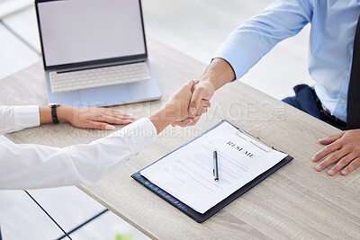 Buy stock photo Above unknown mixed race businesspeople in handshake after signed contract in interview. Applicant meeting CEO, hiring manger. Candidate hired for job opening, vacancy, office opportunity, promotion