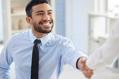 Buy stock photo Two mixed race businesspeople in handshake after signing contract in interview. Asian applicant meeting CEO and hiring manger. Candidate hired for job opening, vacancy, office opportunity, promotion