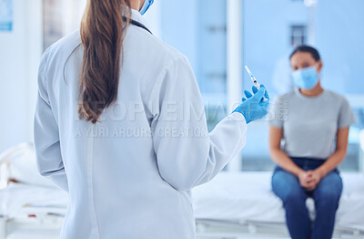 Buy stock photo Doctor holding a needle in a consult. Back of physician about to inject patient in consult. patient about get covid vaccine. Doctor holding syringe corona virus cure. Patient in consult with doctor