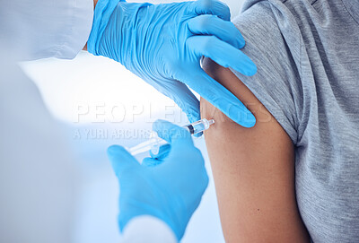 Buy stock photo Closeup on hands of doctor giving a patient covid injection. Hands of doctor injecting patient with corona virus cure. Arm of patient being injected with needle with covid remedy