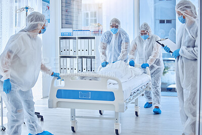 Buy stock photo Medical science team moving hospital bed. Biohazard team in hazmat suits for protection in pandemic. Biologist team collecting a dead body from hospital. Csi team moving hospital bed with dead body