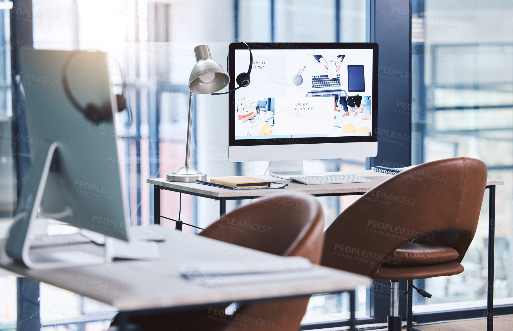 Buy stock photo Call center, internet and headset on a computer screen in an empty office space for customer service. Crm, telemarketing and sales or technical support company with contact us website on a desktop