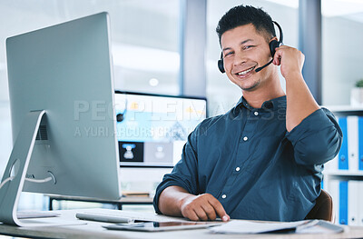 Buy stock photo Call center, customer service and portrait of a man at a computer with a headset for contact us communication. Crm, telemarketing and sales or happy technical support agent or consultant person at pc