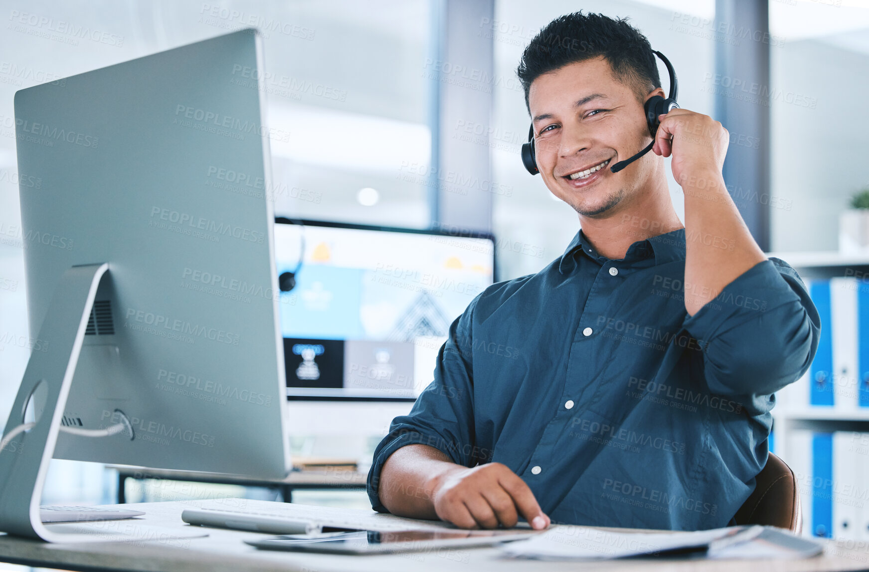 Buy stock photo Call center, customer service and portrait of a man at a computer with a headset for contact us communication. Crm, telemarketing and sales or happy technical support agent or consultant person at pc
