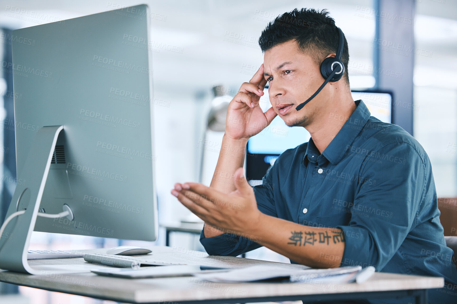 Buy stock photo Mental health, businessman with stress and with headset at his computer in his workplace office at a desk. Telemarketing or call center, problem and problem with a male person at  his workstation