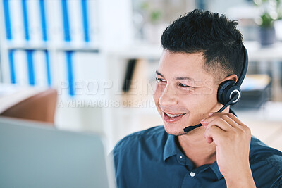 Buy stock photo Call center, customer service and a man talking on a microphone for contact us communication. Face of person as crm, telemarketing and sales or technical support agent with a headset and computer