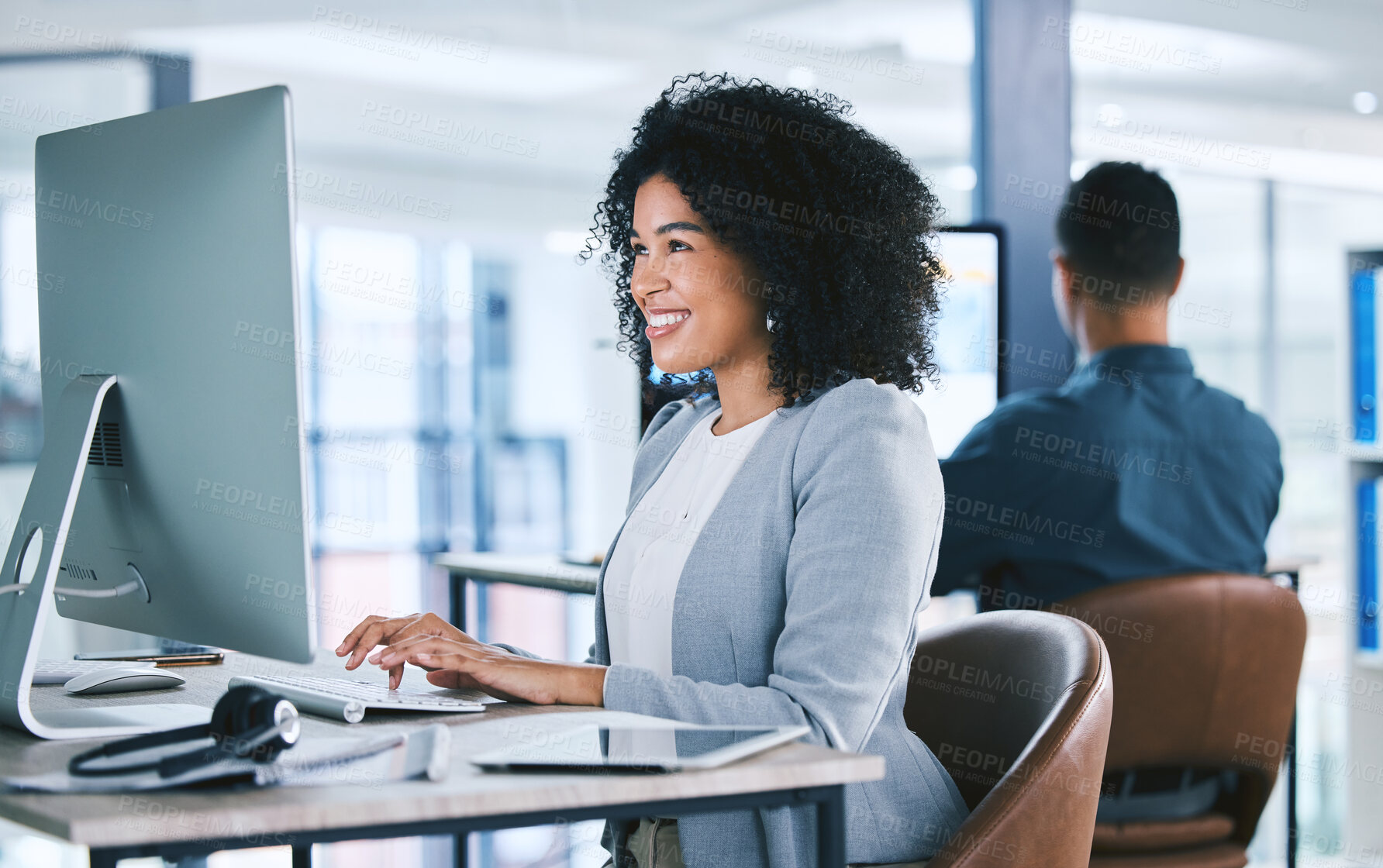 Buy stock photo Woman, typing at computer with online tech support and email, consultant at desk with smile at customer service agency. Contact center, communication and happy female agent with feedback and help