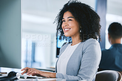 Buy stock photo Woman, computer with tech support and typing email, consultant at desk with smile and online customer service. Contact center, communication and happy female agent with feedback and help at agency