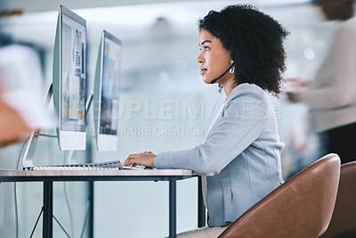 Buy stock photo Call center, customer service and woman at computer with a headset on contact us website. African person as crm, telemarketing and sales or technical support agent with headphones, focus and desktop
