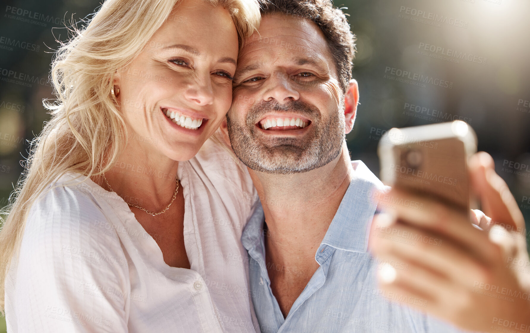 Buy stock photo Mature, couple and happy with selfie outdoor for memories, profile picture update or social media post. People, photography and smile with bonding, love and romance on anniversary vacation in nature