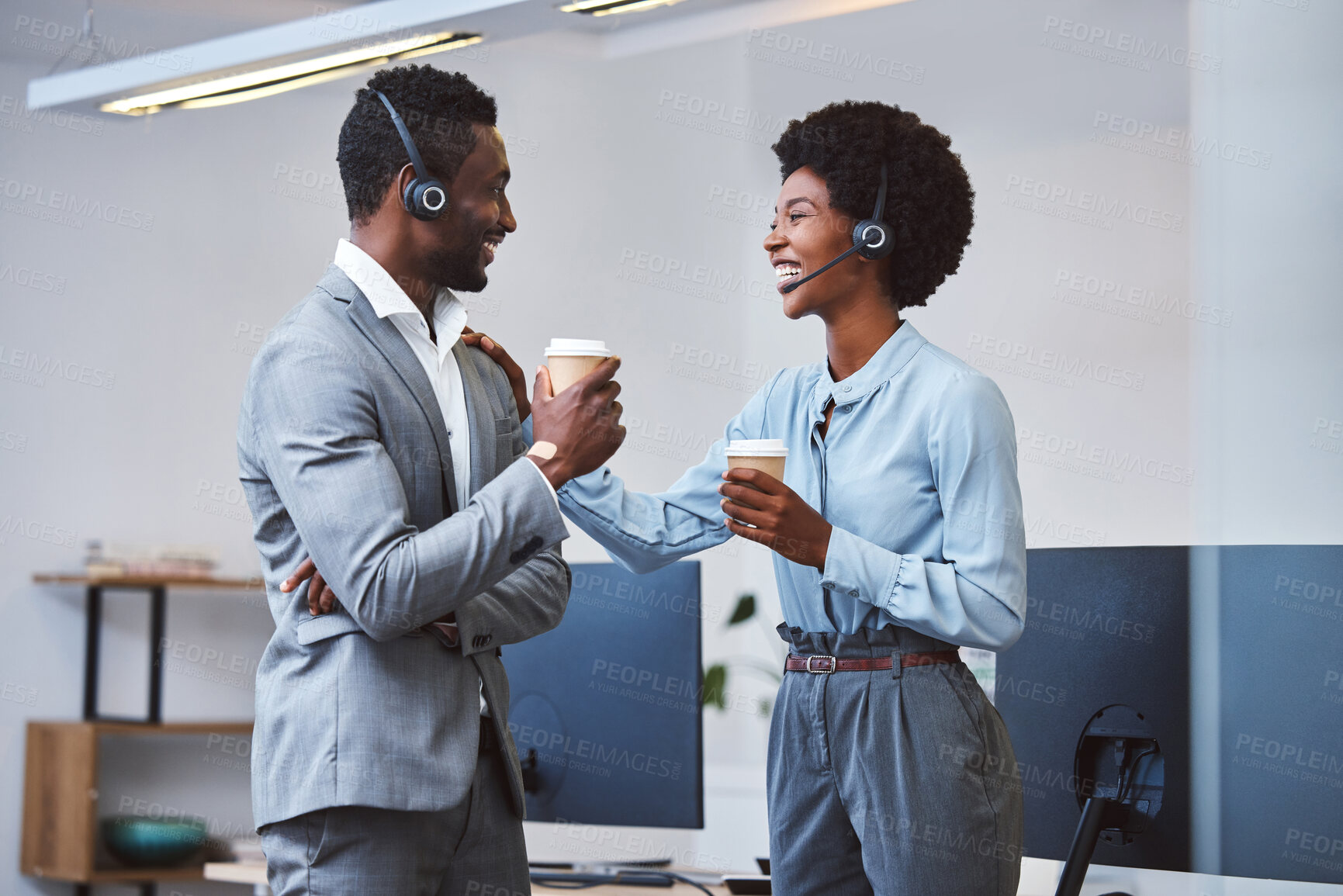 Buy stock photo Happy, business people or call center with coffee for teamwork, social or chat together at office. Businessman, woman or consultant with smile for friendly discussion or customer service at workplace