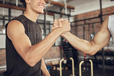 Buy stock photo Training, handshake and people at a gym for fitness, agreement and deal on blurred background. Sport, friends and men shaking hands for healthy lifestyle commitment, goal and personal trainer support