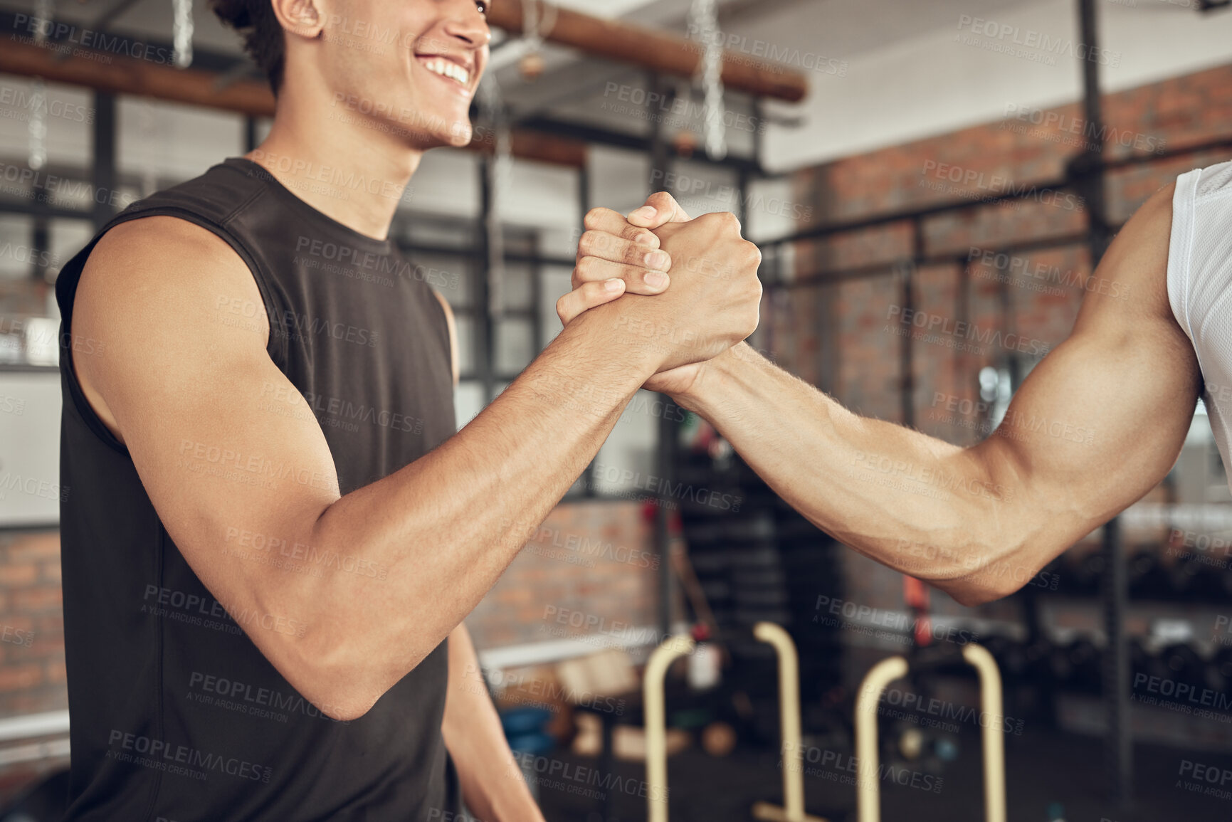 Buy stock photo Training, handshake and people at a gym for fitness, agreement and deal on blurred background. Sport, friends and men shaking hands for healthy lifestyle commitment, goal and personal trainer support