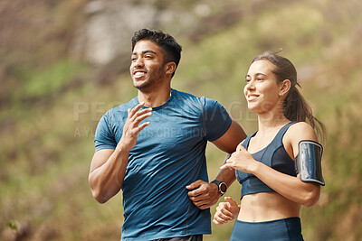Buy stock photo Running, park and couple of friends training for sports and health outdoor. Fitness, workout and sport wellness run of young runner people together in nature with athlete exercise and race cardio