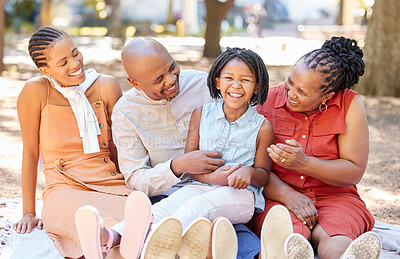 Buy stock photo Happy family, grandparents or girl laughing in park to relax with mom on summer holiday together. African dad, funny black woman or child loves bonding with grandmother or grandfather in portrait