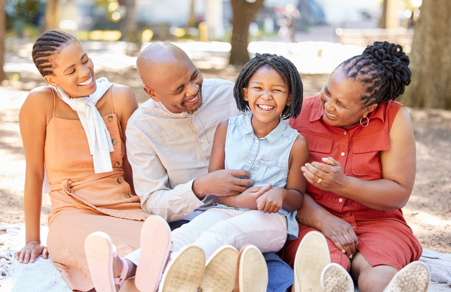 Buy stock photo Happy family, grandparents or girl laughing in park to relax with mom on summer holiday together. African dad, funny black woman or child loves bonding with grandmother or grandfather in portrait