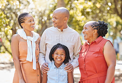 Buy stock photo Happy family, grandparents or portrait of kid in park relaxing or laughing in nature on summer holiday together. African dad, funny black woman or girl loves bonding with grandmother or grandfather 