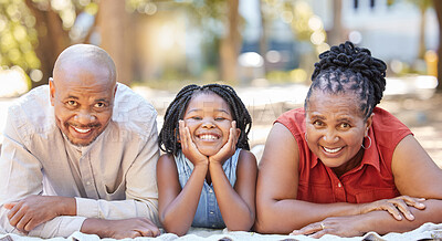 Buy stock photo Happy family, grandparents or portrait of girl in park to relax in nature on summer holiday together. African dad, funny black woman or child loves bonding with grandmother or grandfather on picnic