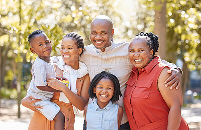 Buy stock photo Black family, grandmother or happy kids portrait in park relaxing or laughing in nature on holiday together. African dad, funny black woman or children loves bonding with grandma or smile on vacation
