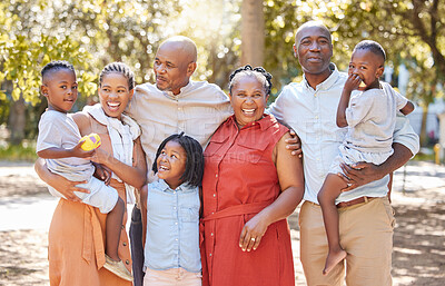 Buy stock photo Happy family, grandparents portrait or children in park to relax with siblings on summer holiday together. African dad, mom or kids love bonding, smiling or relaxing with grandmother or grandfather 