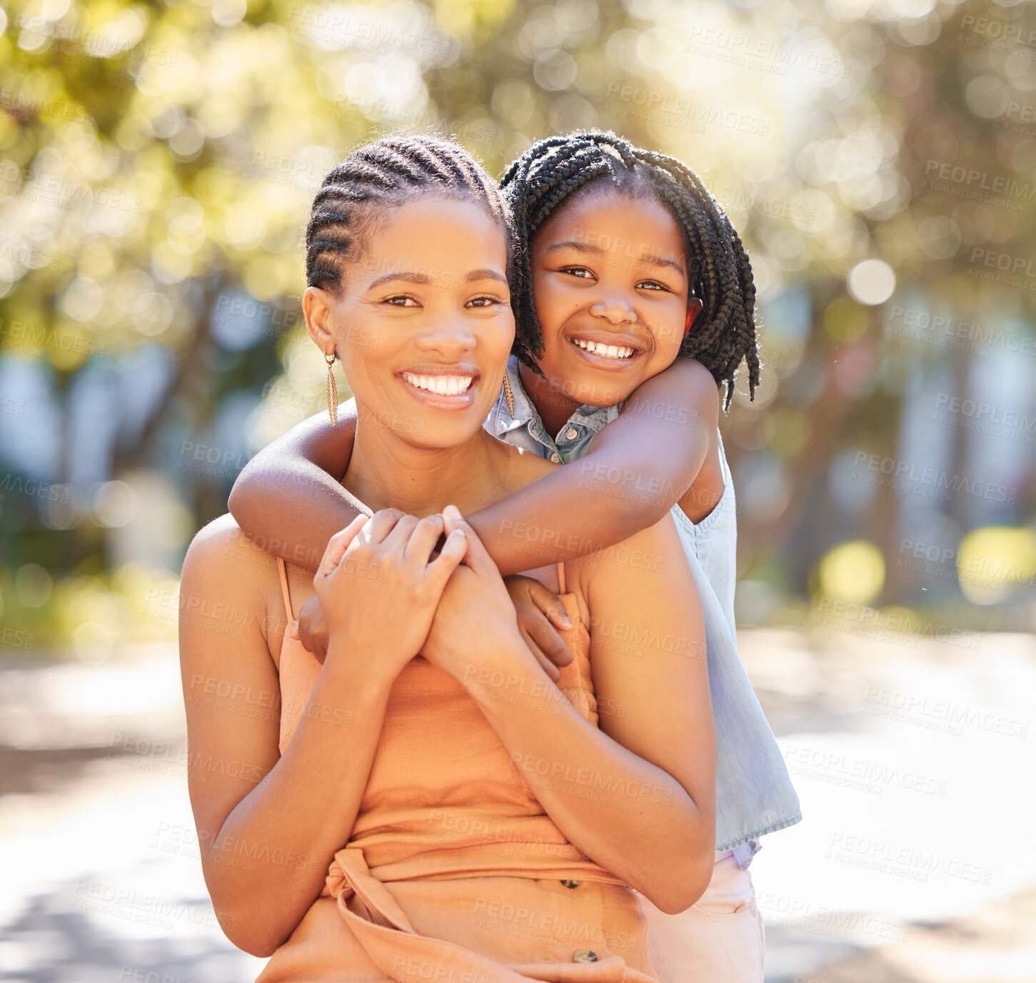 Buy stock photo Hug, mother and daughter portrait in park relaxing together on summer holiday with smile. Support, girl child or happy black woman, mom and bonding in embrace with love in garden in South Africa 