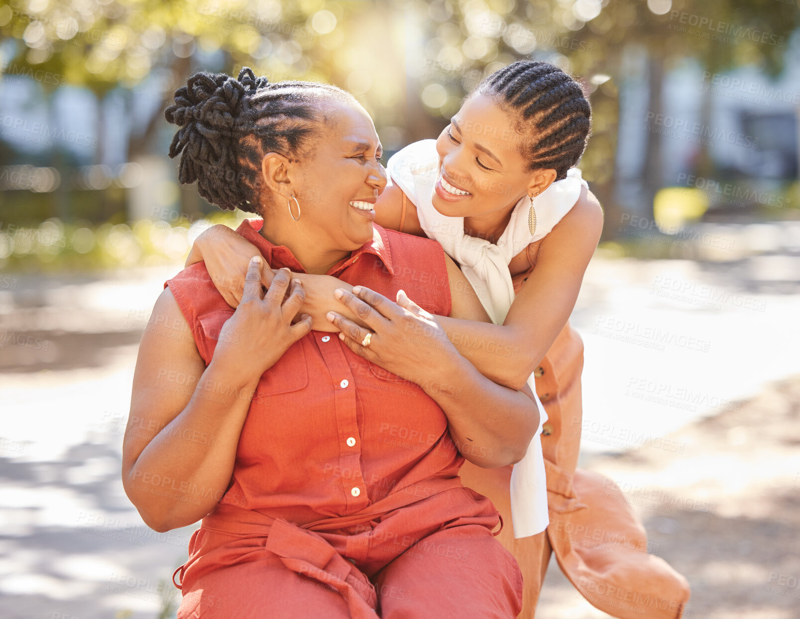 Buy stock photo Funny, mother and daughter hugging in park relaxing together on summer holiday vacation with smile. Affection, parent or happy woman bonding or laughing with love or mom on weekend in South Africa 