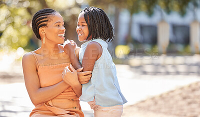 Buy stock photo Happy, mother and child in park with smile relaxing together on summer holiday vacation with affection. Girl or African child bonding or hugging with love or mom on weekend in South Africa or nature