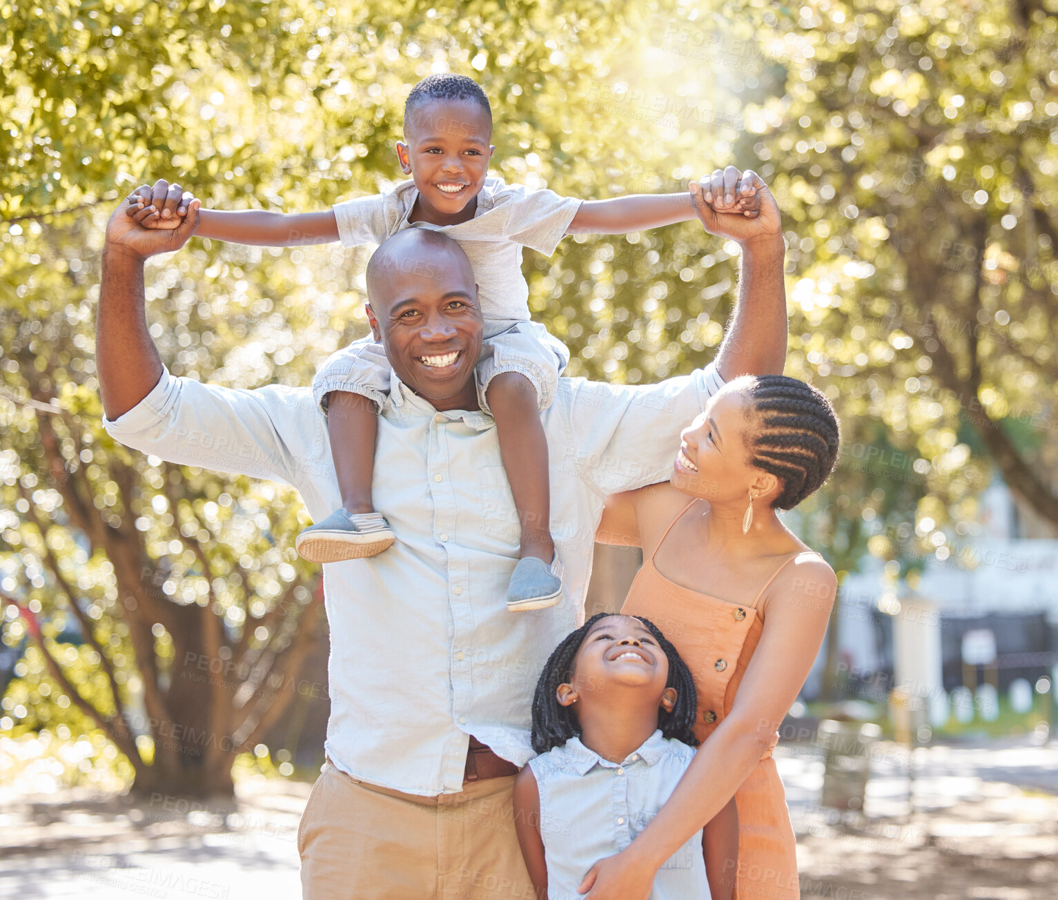 Buy stock photo Portrait, mother or father with happy kids in park to relax with smile or wellness on family holiday together. African dad, mom or child bonding or smiling with lovely parents in nature in summer