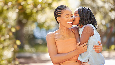 Buy stock photo Happy mother, kiss or child in park with smile relaxing together on summer holiday vacation with affection. Girl, nature or African child bonding, kissing or hugging with love or mom in South Africa 