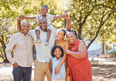 Buy stock photo Black family, grandparents or portrait of happy kids in park relaxing or laughing in nature on holiday together. African dad, black woman or children loves bonding with grandmother or grandfather 
