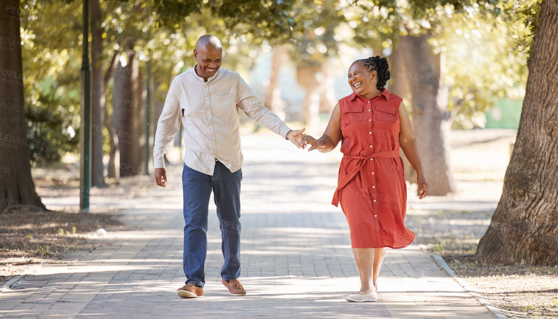 Buy stock photo Walking, holding hands or mature black couple in park for support or trust in marriage commitment. Senior man loves bonding, smiling or relaxing with a happy woman on anniversary date in South Africa