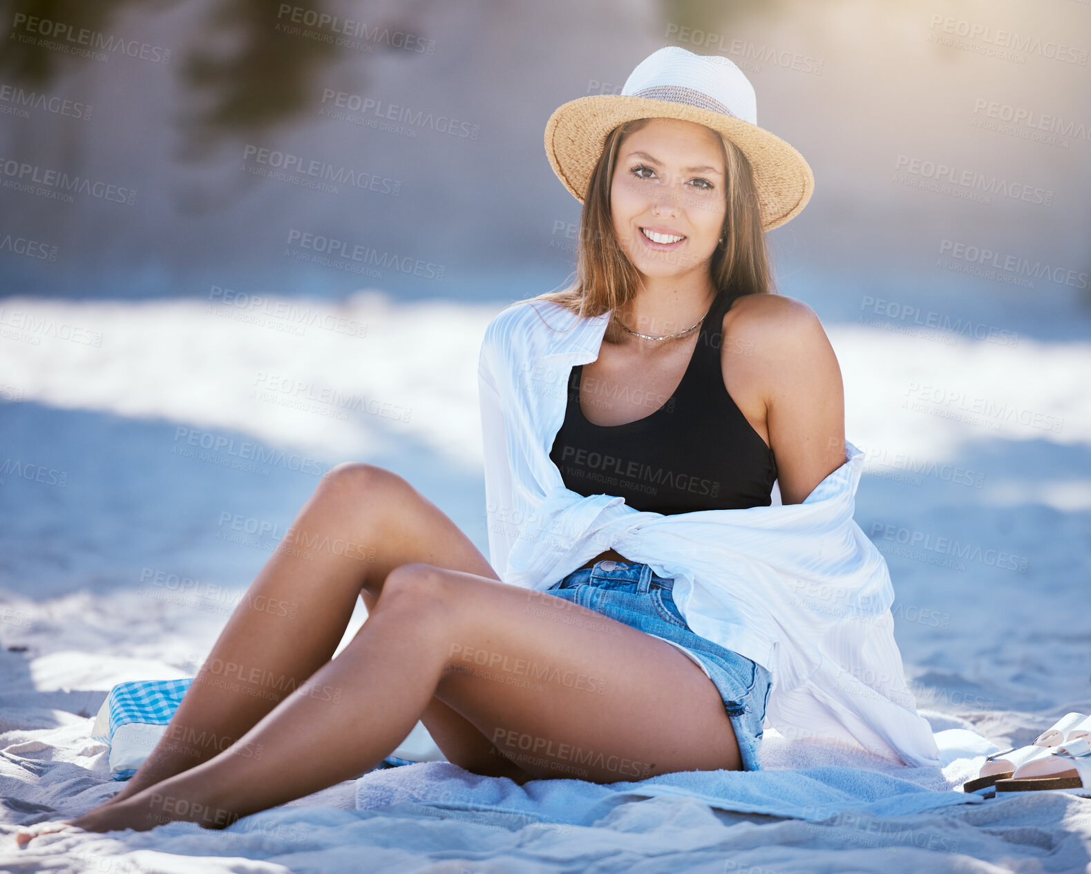 Buy stock photo Woman relax on beach, portrait and smile with travel, summer vacation with tourism and adventure. Female person is happy, tropical holiday in Mexico and journey to seaside with sunbathing and rest