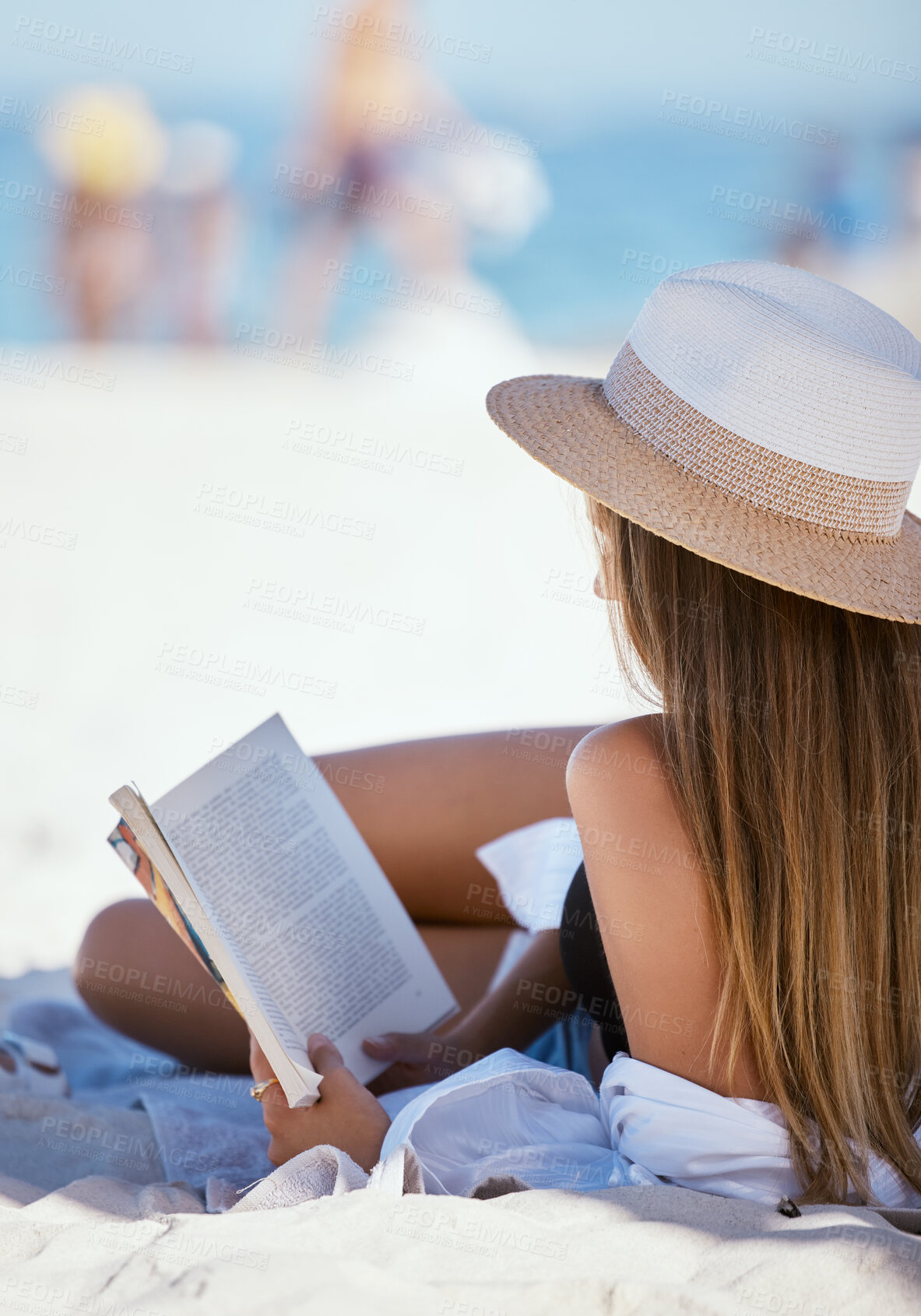 Buy stock photo Beach, reading a book and woman relax, summer vacation and getaway on a weekend break, peace and sand. Female person, reader and girl on a seaside holiday, tropical island and travel with literature 