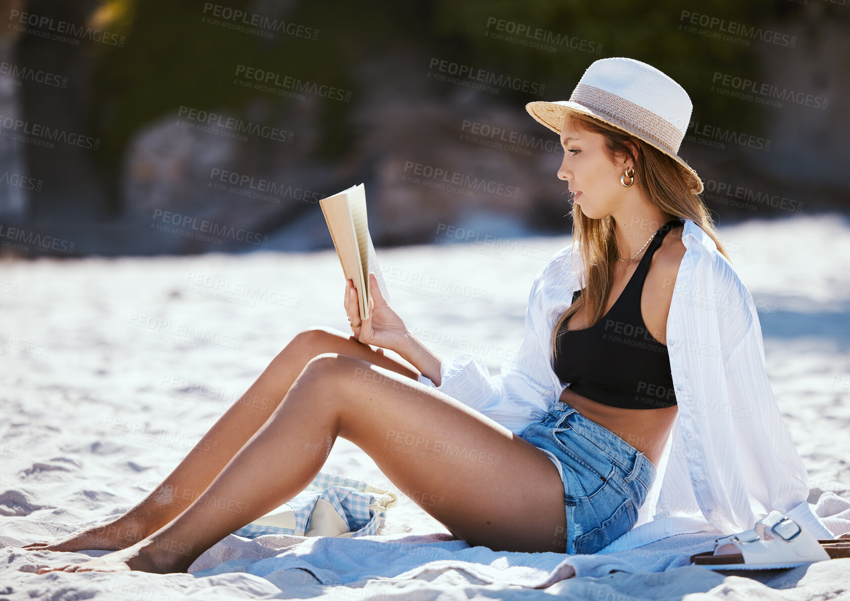 Buy stock photo Book, beach and woman reading on summer holiday, vacation or travel in nature outdoor. Relax, novel and person at sand coast for calm break, peace and freedom for enjoying quality alone time in Bali.