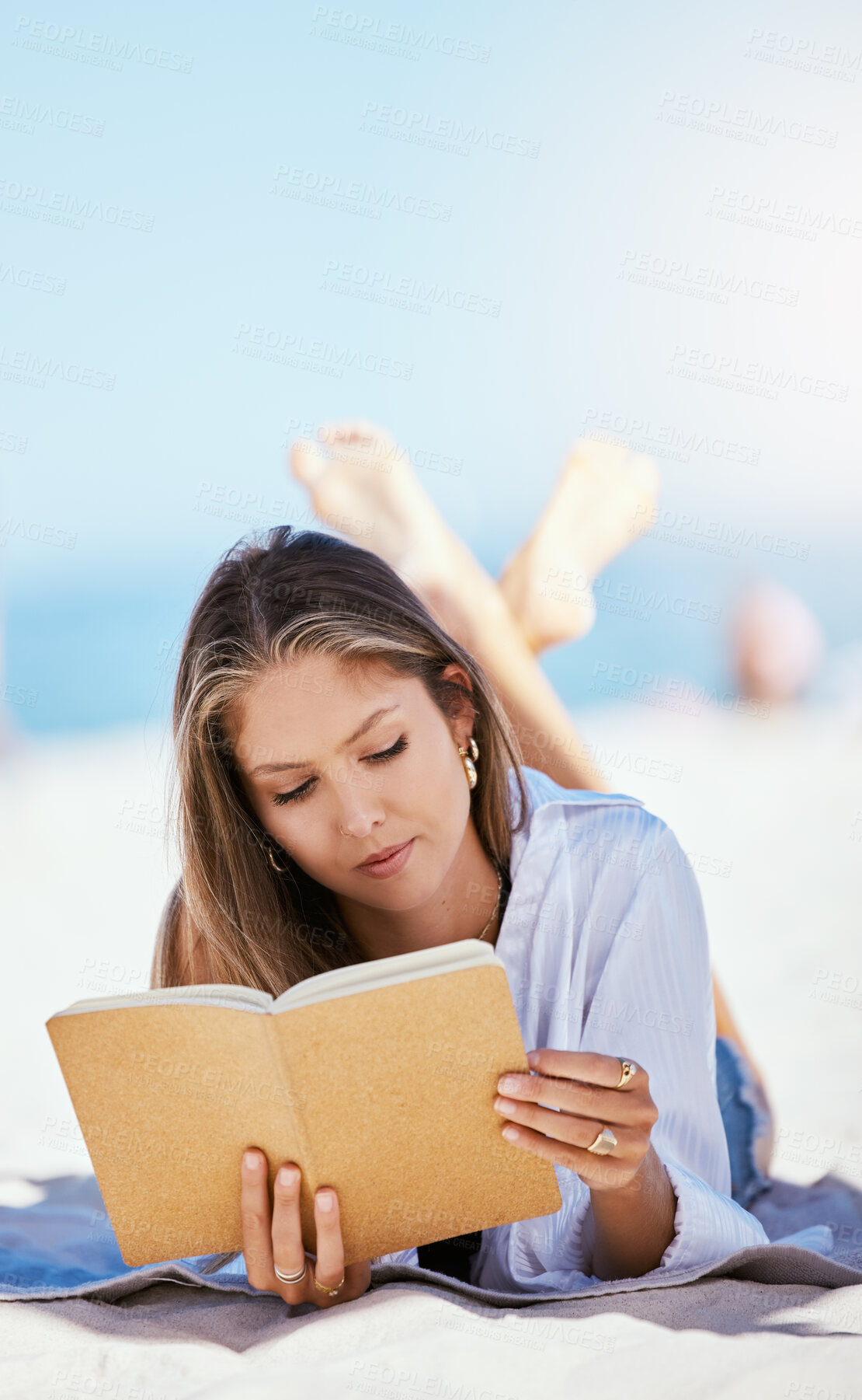 Buy stock photo Book, beach and woman reading on vacation, holiday or summer travel in nature outdoor with mockup space. Relax, novel and person at sea or ocean coast for calm, peace and freedom for break in Bali.