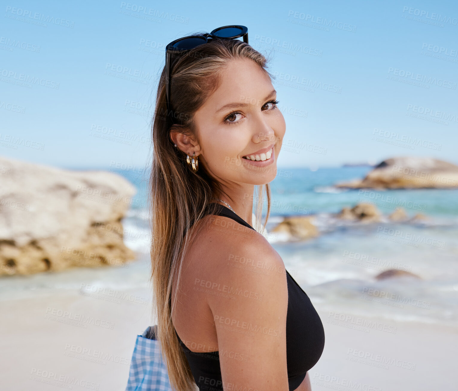 Buy stock photo Woman, portrait and smile at beach with travel, summer tropical vacation in Mexico with tourism and adventure. Female person is happy, relax on holiday with journey to the ocean and seaside nature