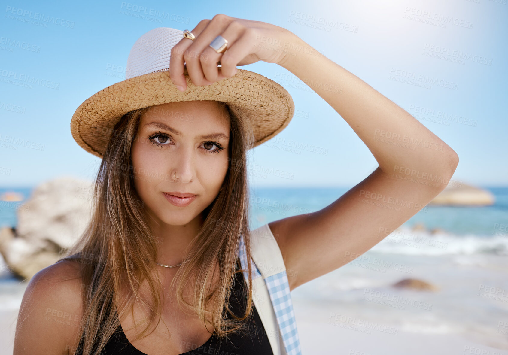 Buy stock photo Woman, portrait at beach with travel and summer tropical vacation in Mexico with tourism and adventure. Female person is calm outdoor, relax on holiday with journey and nature, sun and sea waves