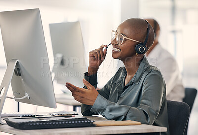 Buy stock photo Call center, talking and a happy woman with headset at computer for customer service or crm. Black person support agent at pc for account information, promotion or sale for telemarketing or help desk