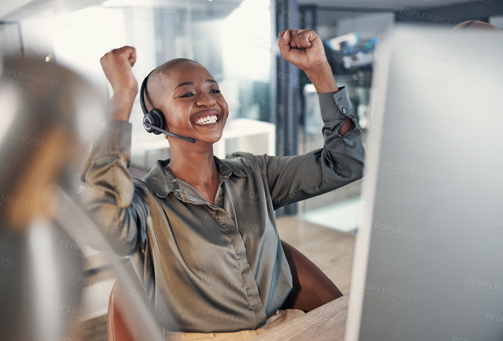 Buy stock photo Success, African woman with celebration and headset at modern workplace office. Telemarketing or customer service, online communication or consulting and call center agent happy for support or crm