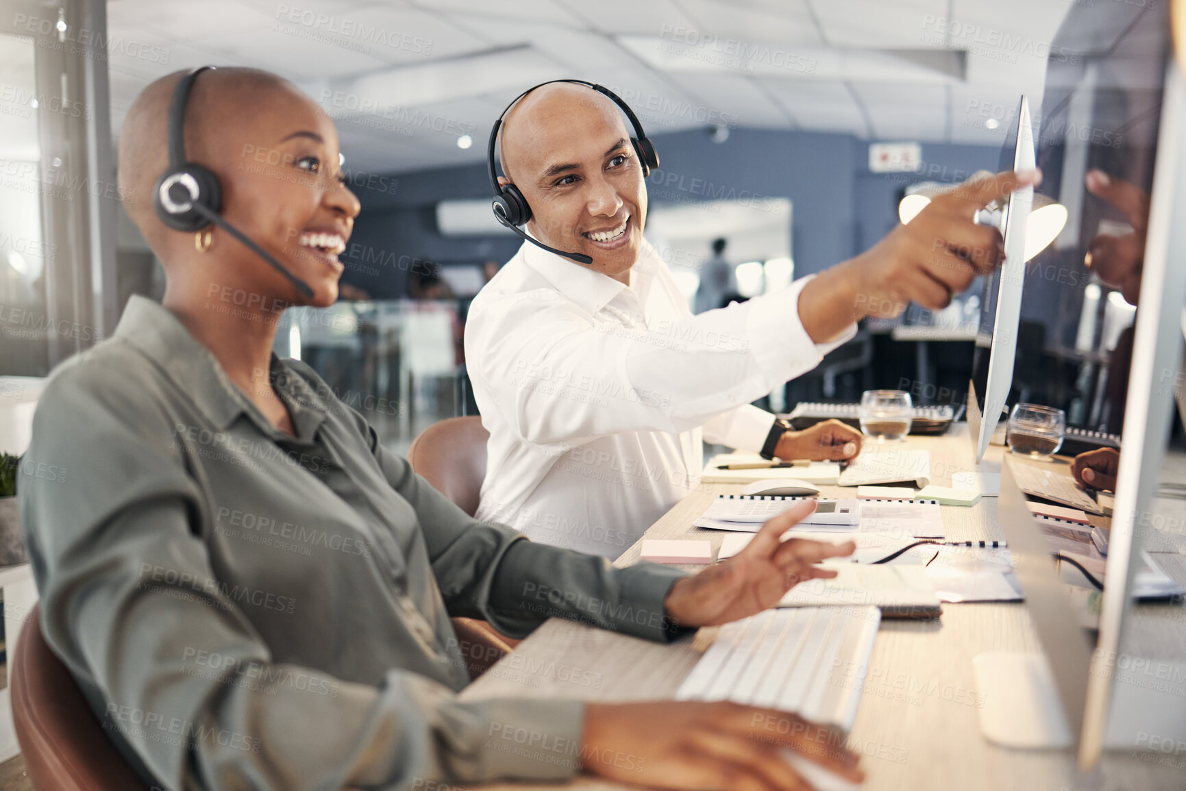 Buy stock photo Teamwork, call center and computer for advice or help with account information or sales. Black man and person on training or coaching for customer service ,telemarketing or help desk consultant at pc